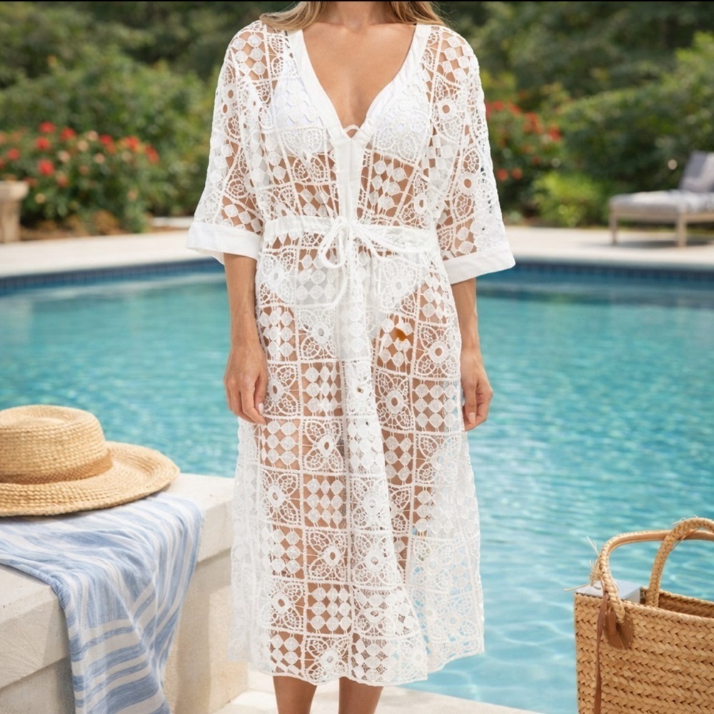 4OUR Dreamers Maxi Crochet Lace Swim Cover Up Caftan White Tie Waist X-Small